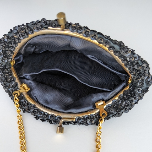 Vintage Petite Black Sequin and Beaded Evening Bag with Chain Handle - Picture 7 of 7
